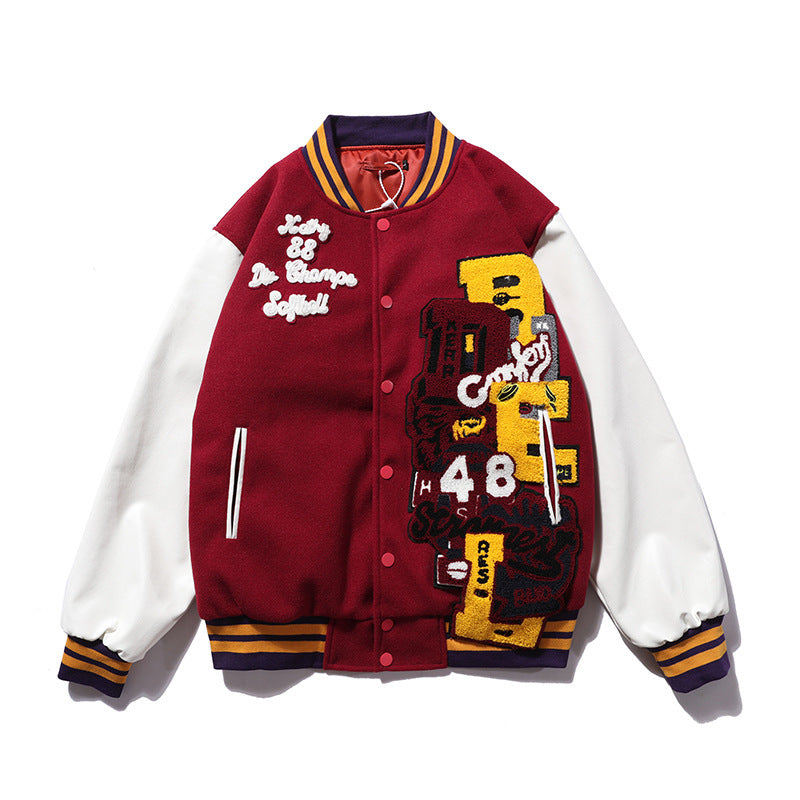 Woolen Leather Sleeve Stitching Embroidery Baseball Uniform